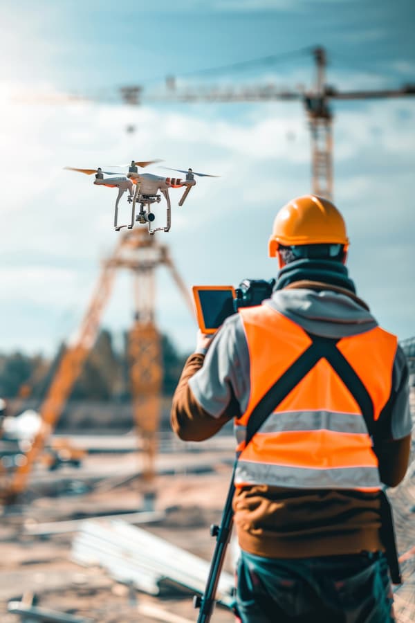 Surveyor in hi-vis flying a drone on a construction site